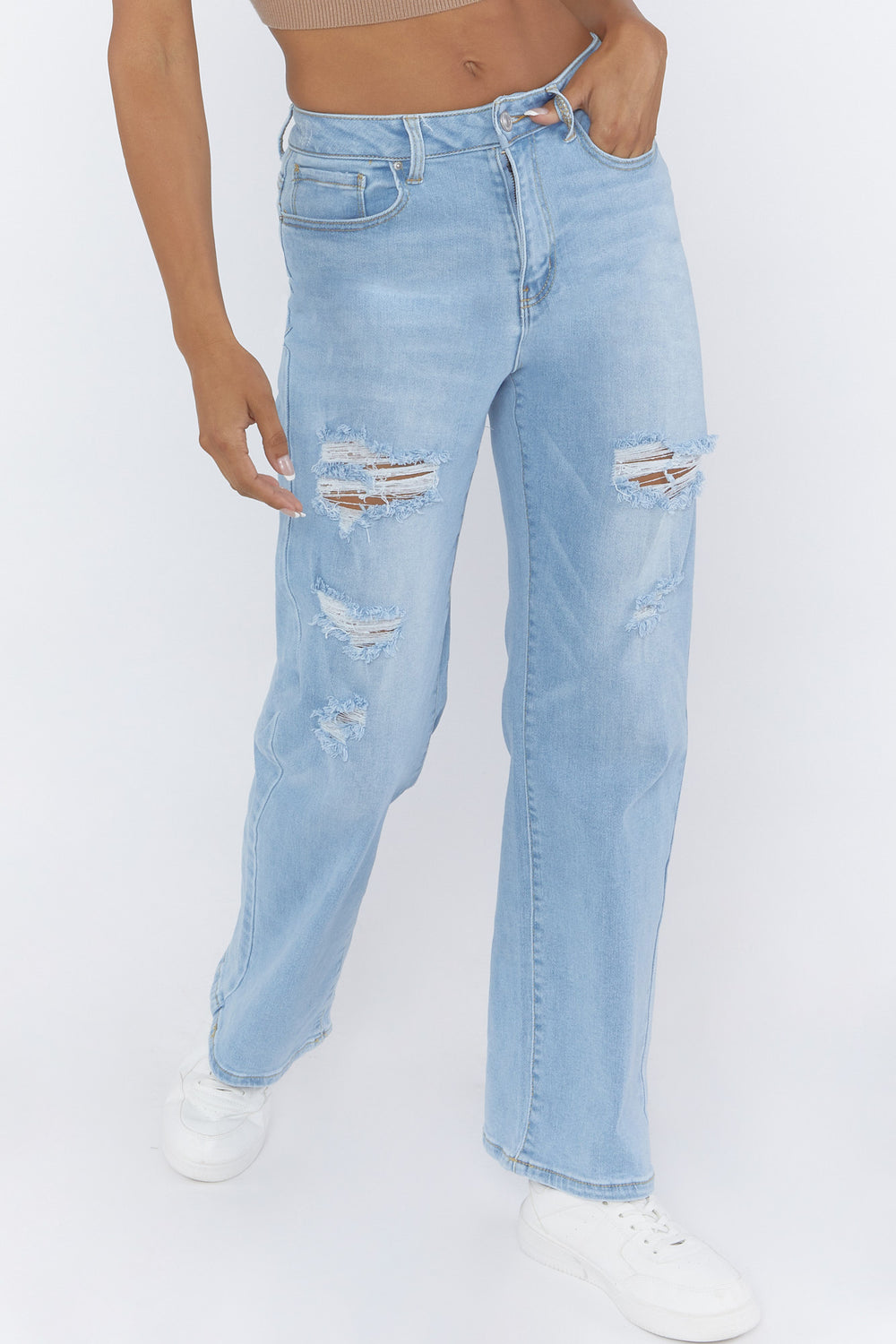 High-Rise Distressed Mom Jeans Light Denim Blue