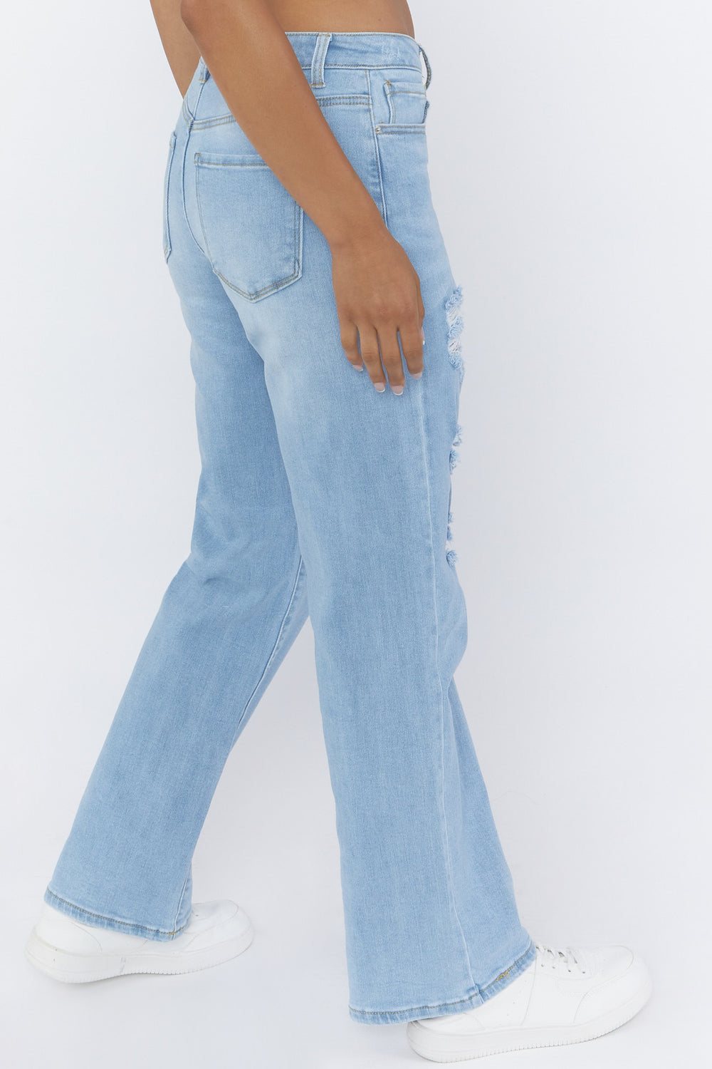High-Rise Distressed Mom Jeans Light Denim Blue