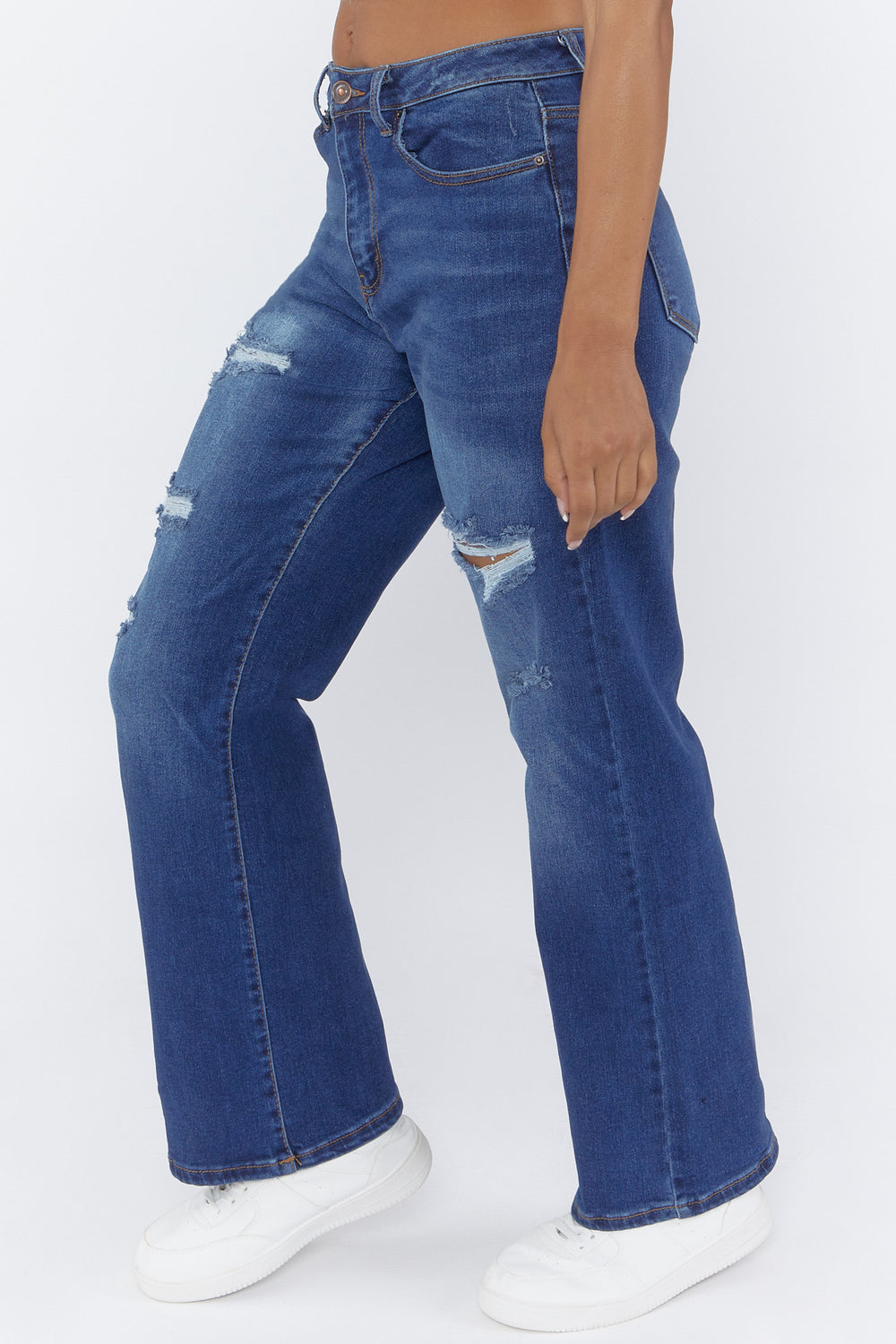 High-Rise Distressed Mom Jeans Dark Blue