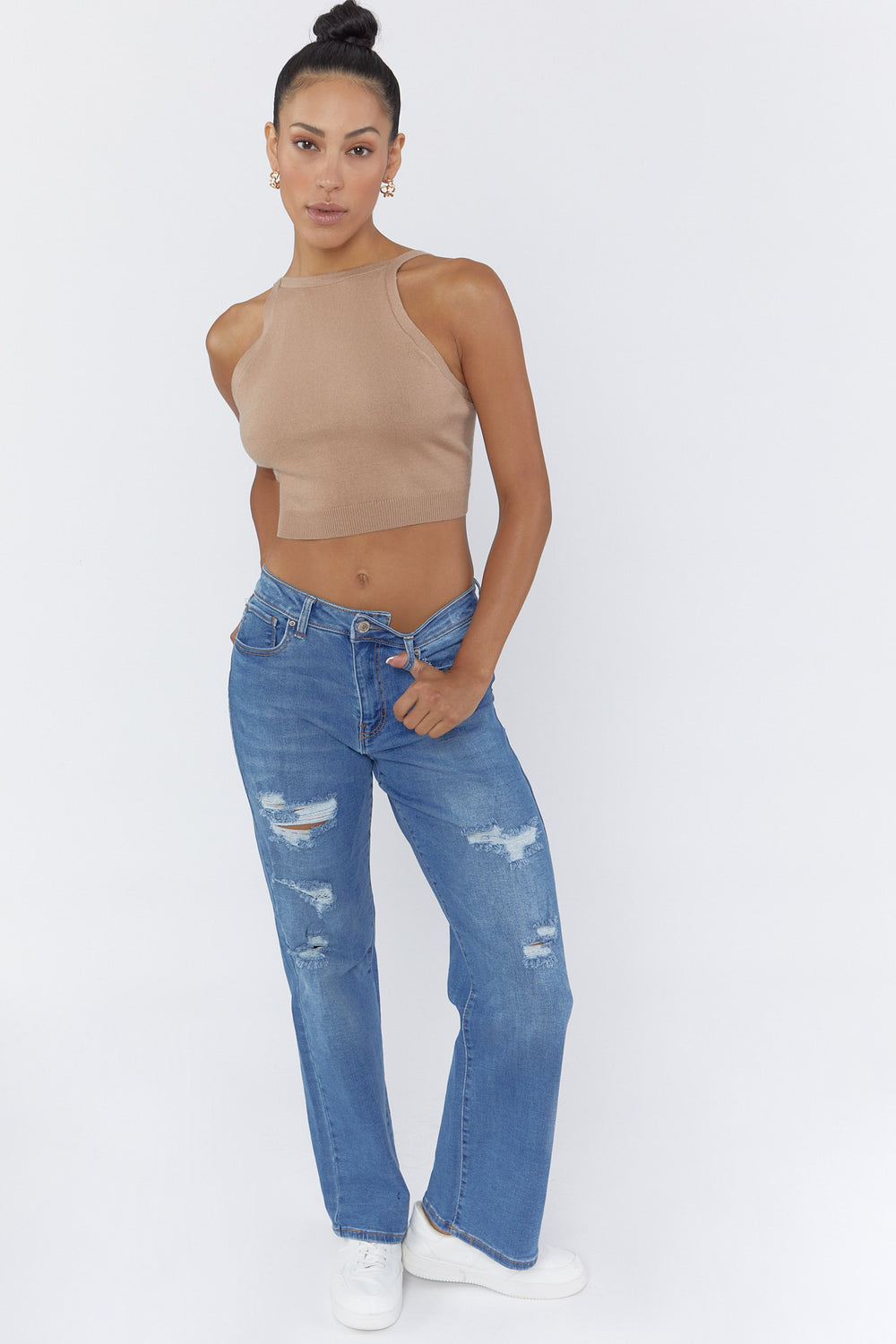 High-Rise Distressed Mom Jeans Medium Denim Blue