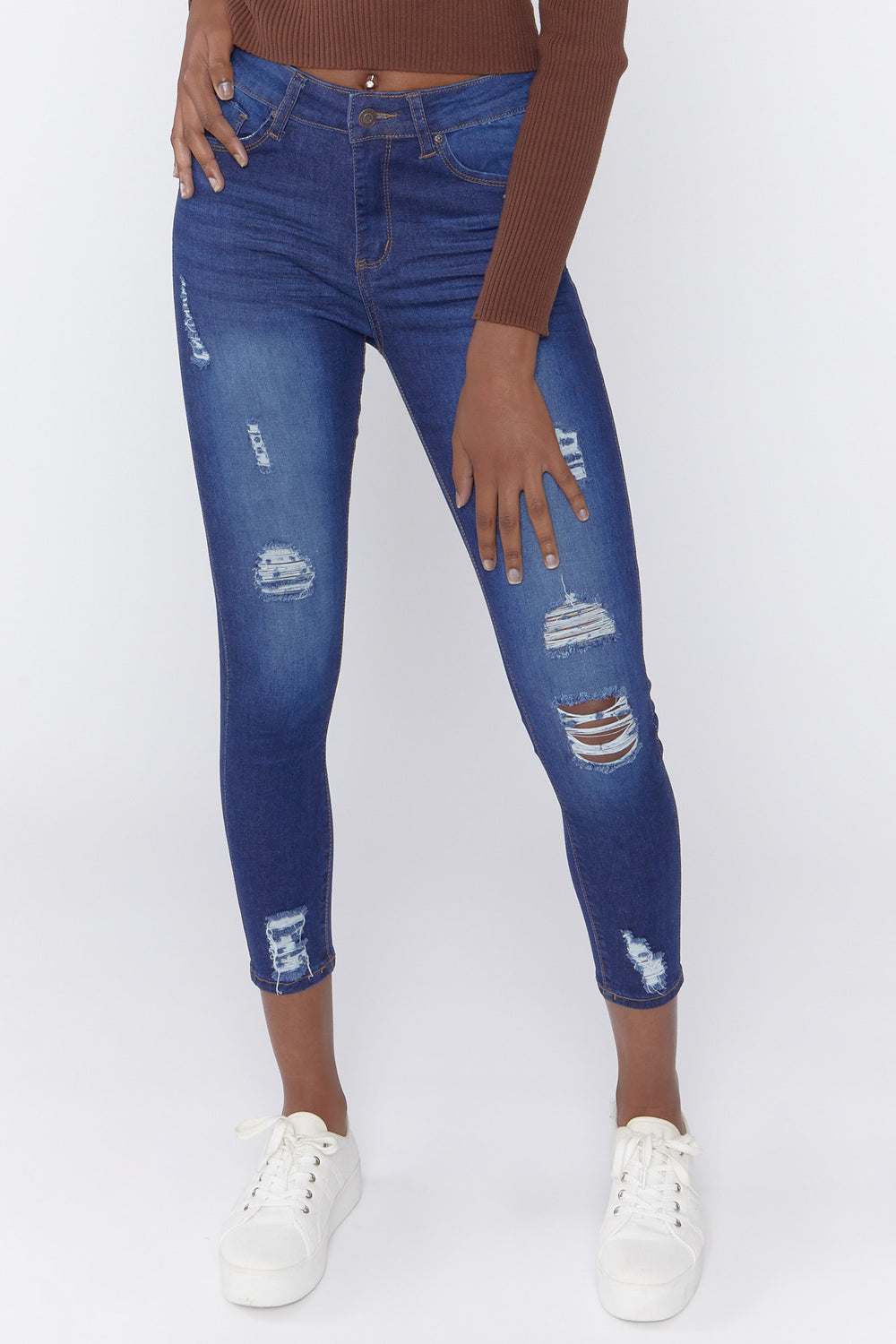 Distressed Skinny Ankle Jeans Dark Blue