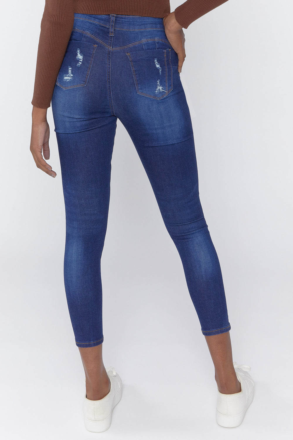 Distressed Skinny Ankle Jeans Dark Blue