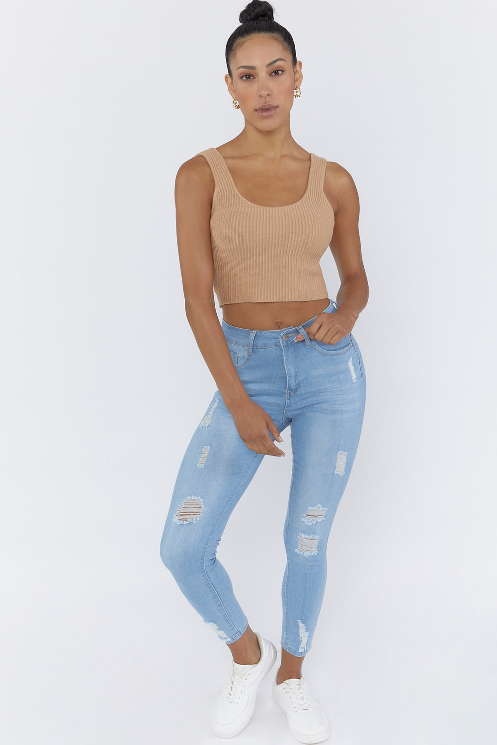 Distressed Skinny Ankle Jeans Light Denim Blue