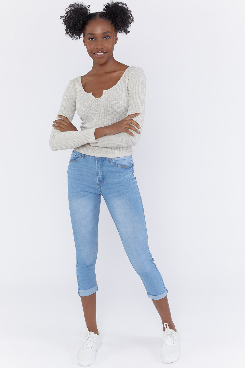 High-Rise Rolled-Cuff Skinny Jeans Light Denim Blue