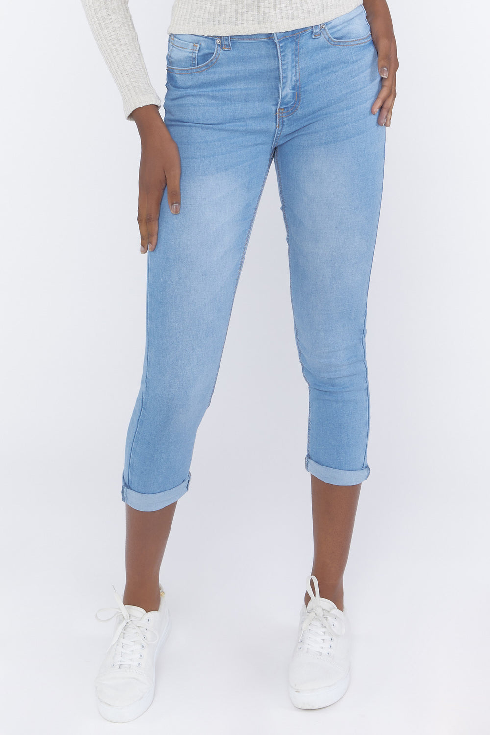 High-Rise Rolled-Cuff Skinny Jeans Light Denim Blue