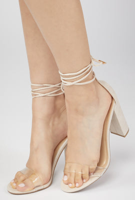 Link to Self-Tie Clear Band Block Heel Sandal Natural