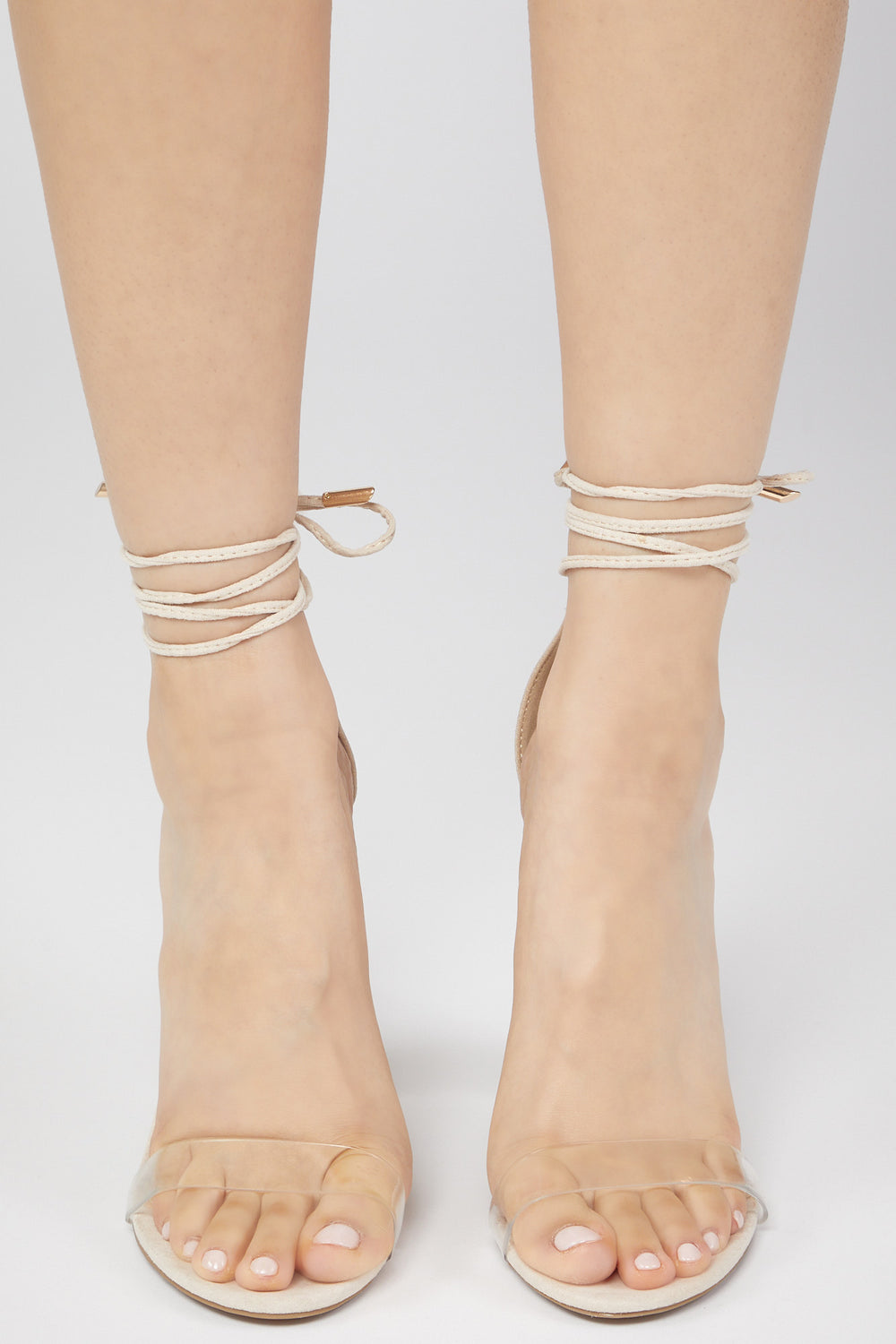 Self-Tie Clear Band Block Heel Sandal Natural