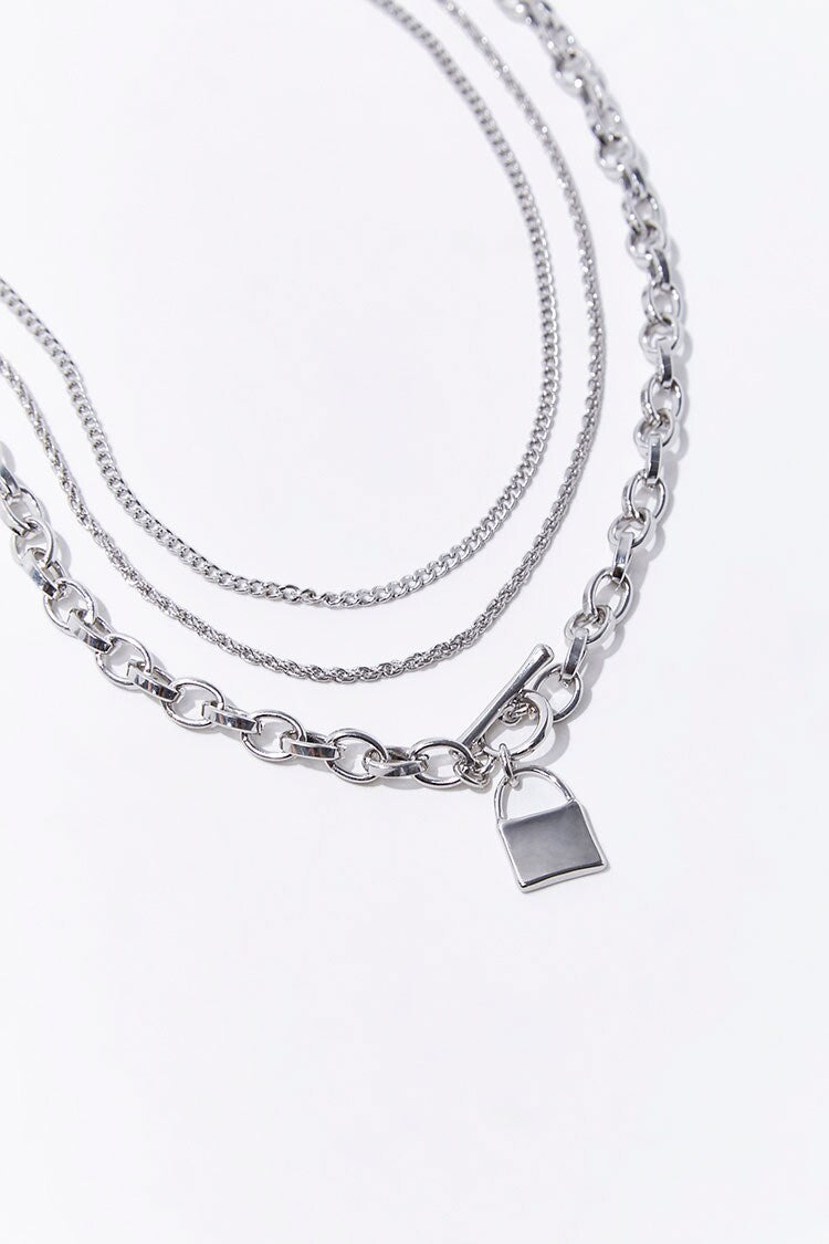 Layered Lock Necklace Set Silver