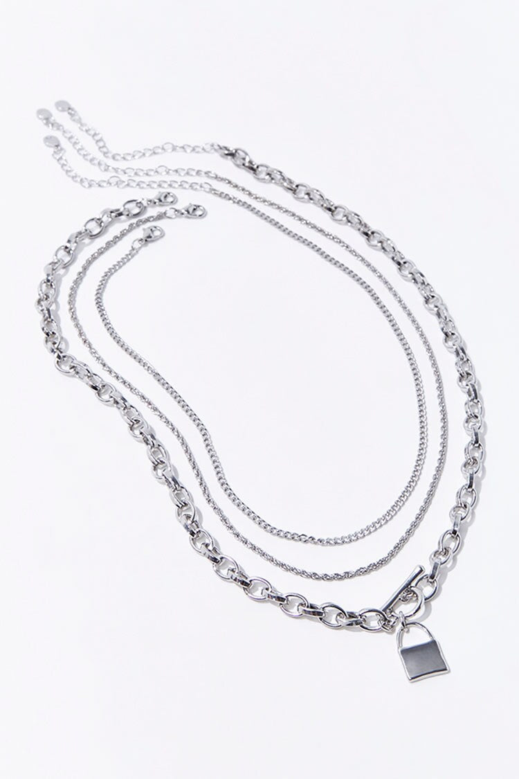 Layered Lock Necklace Set Silver