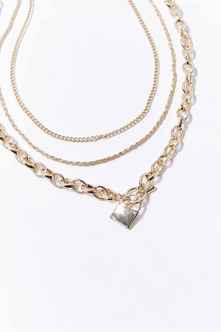 Layered Lock Necklace Set Gold