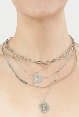 Link to Coin Pendant Layered Necklace Silver