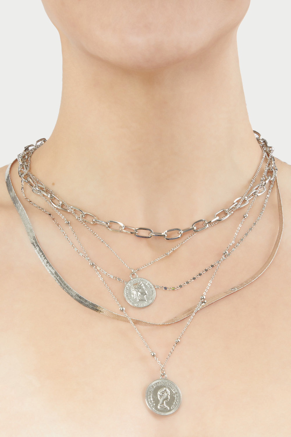 Coin Pendant Layered Necklace Silver