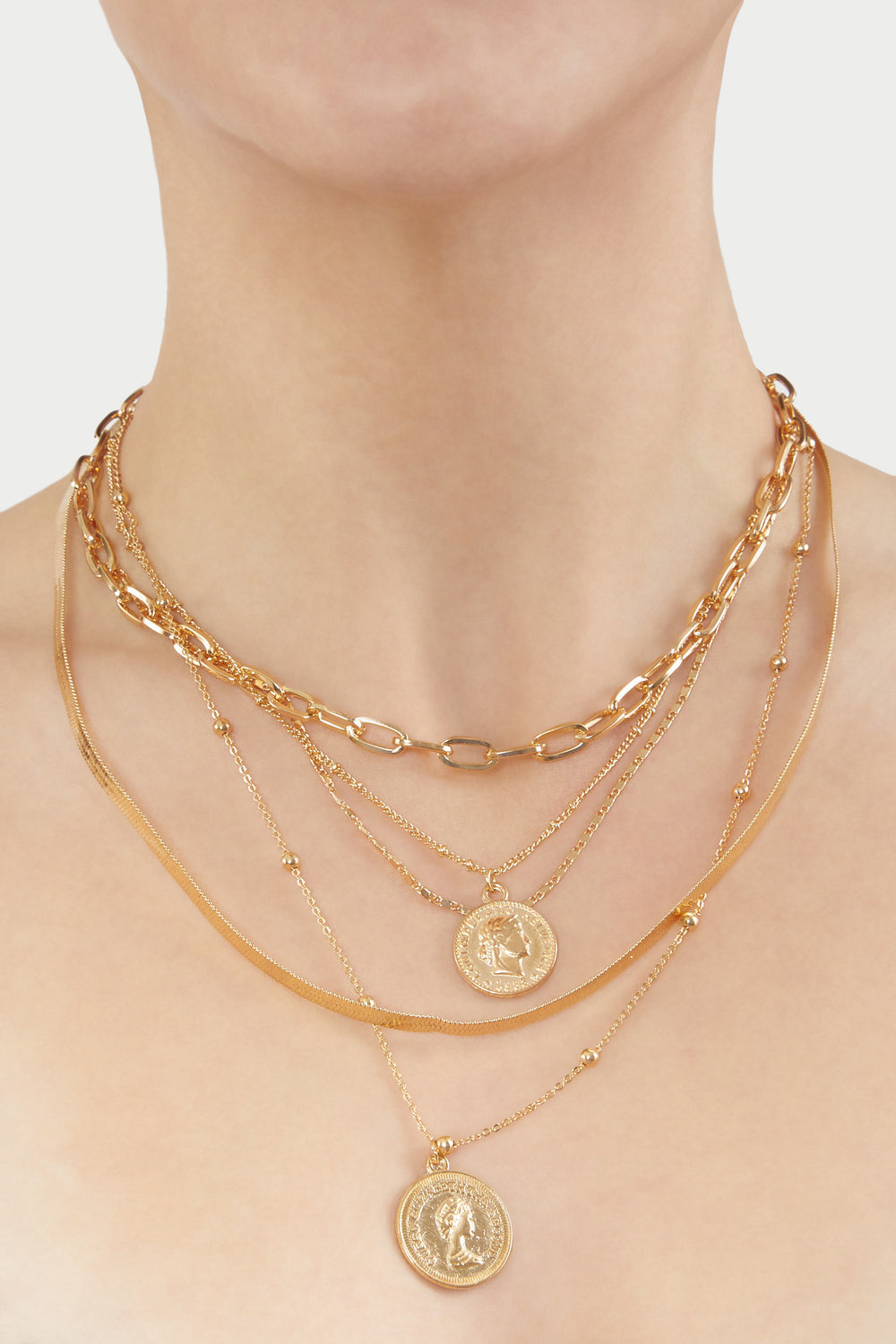 Coin Pendant Layered Necklace Gold