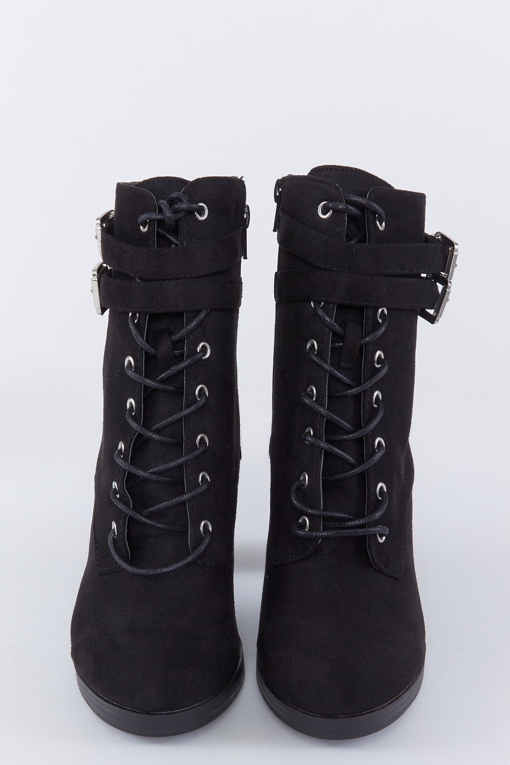 Faux-Suede Lace-Up Buckle Block Heel Boot Black