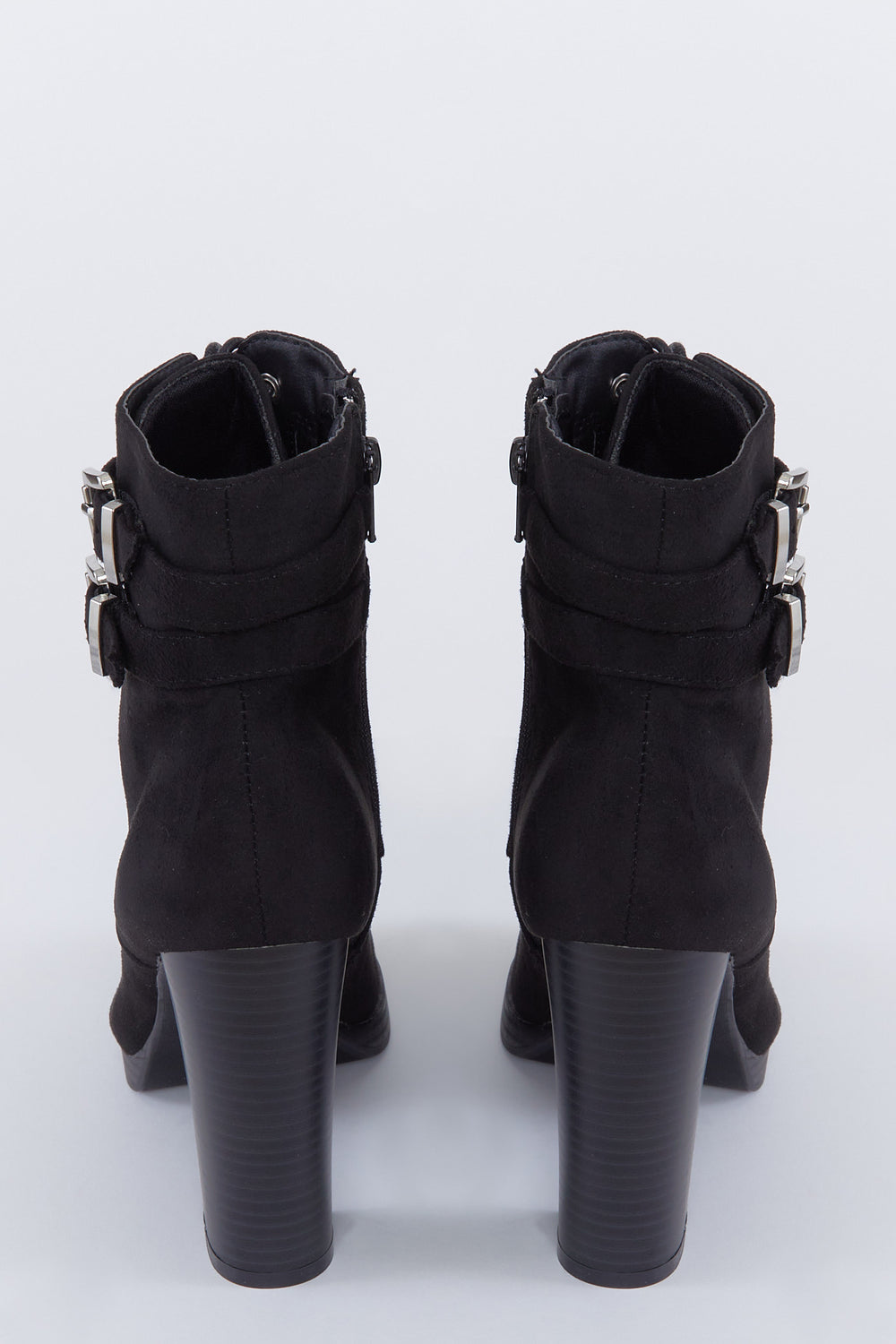 Faux-Suede Lace-Up Buckle Block Heel Boot Black
