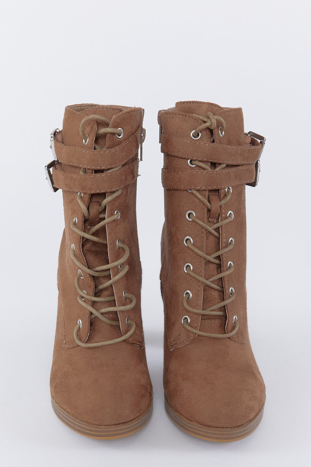 Faux-Suede Lace-Up Buckle Block Heel Boot Brown