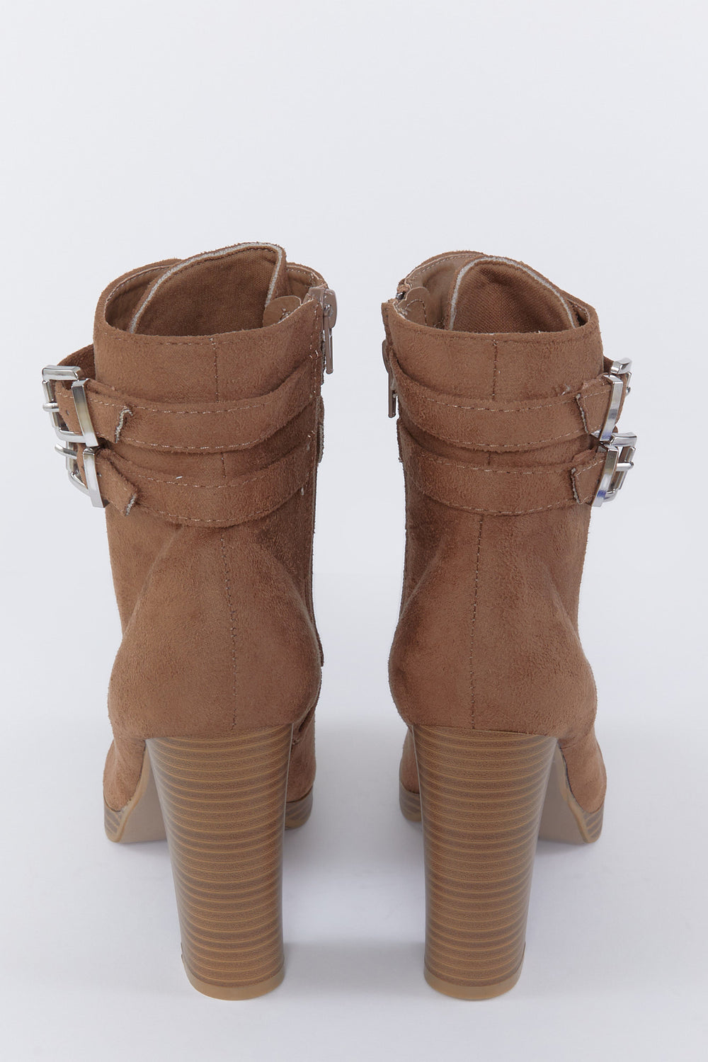 Faux-Suede Lace-Up Buckle Block Heel Boot Brown
