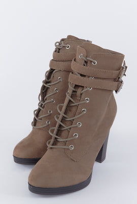 Link to Faux-Suede Lace-Up Buckle Block Heel Boot Taupe