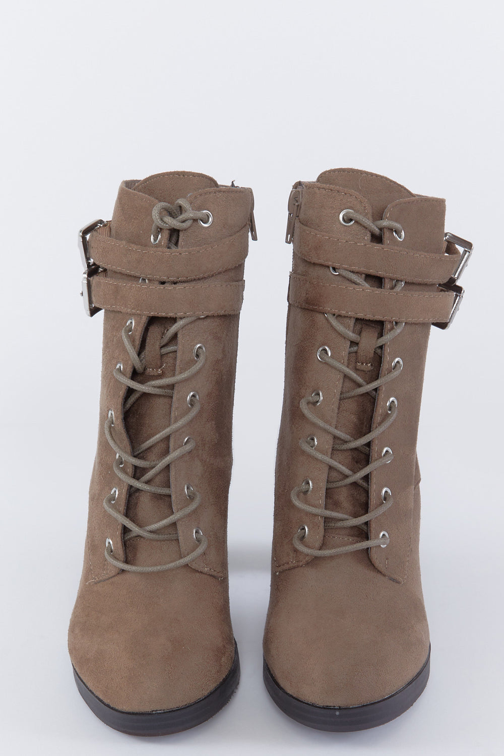 Faux-Suede Lace-Up Buckle Block Heel Boot Taupe