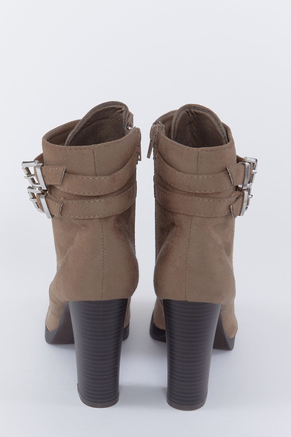 Faux-Suede Lace-Up Buckle Block Heel Boot Taupe