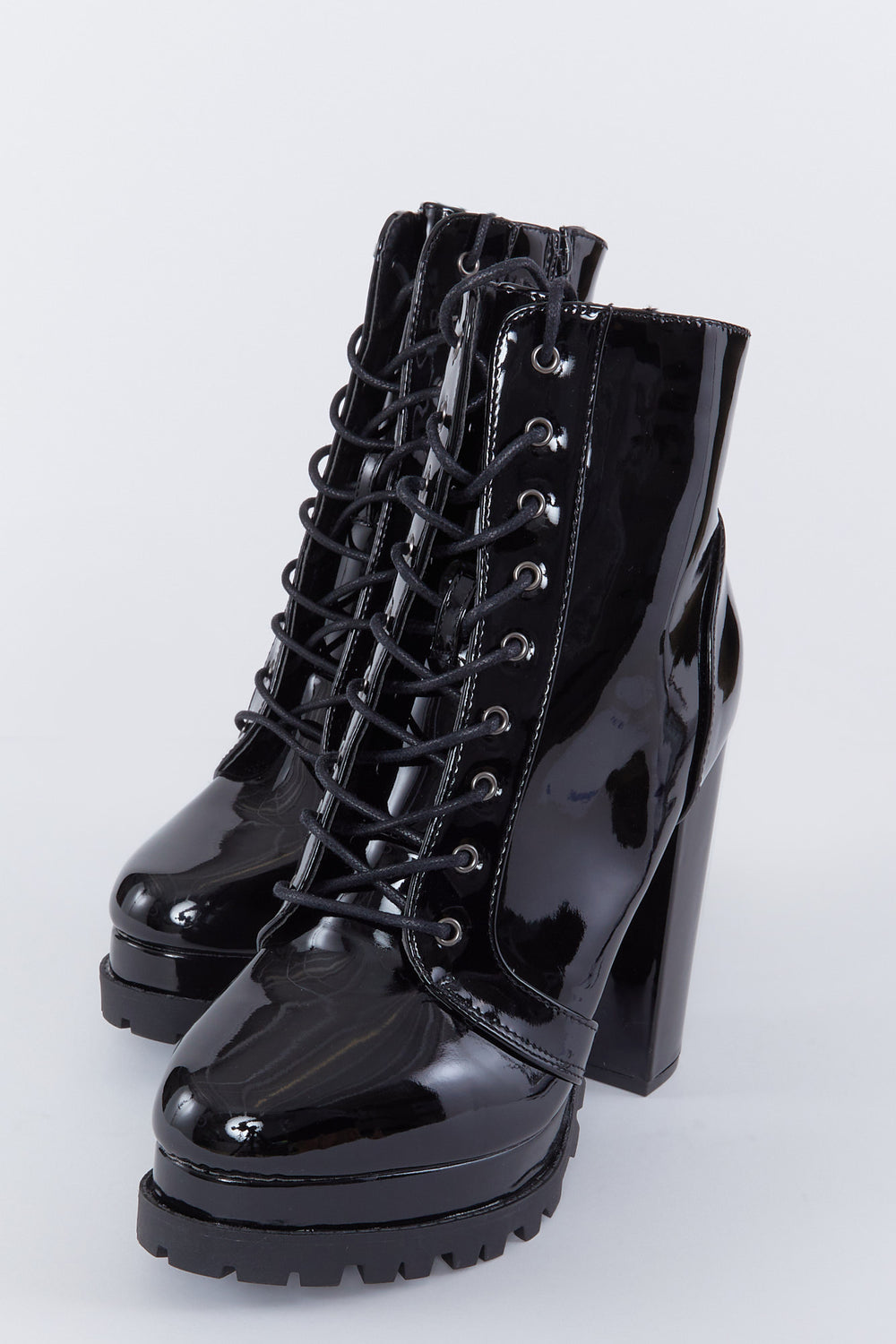 Patent Faux-Leather Lace-Up Lug Sole Block Heel Boot Black