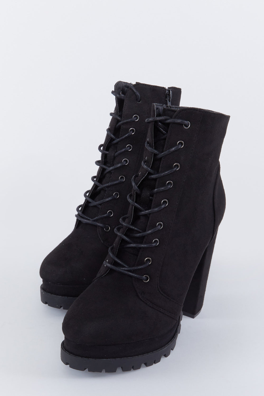 Faux-Suede Lace-Up Lug Sole Block Heel Boot Black