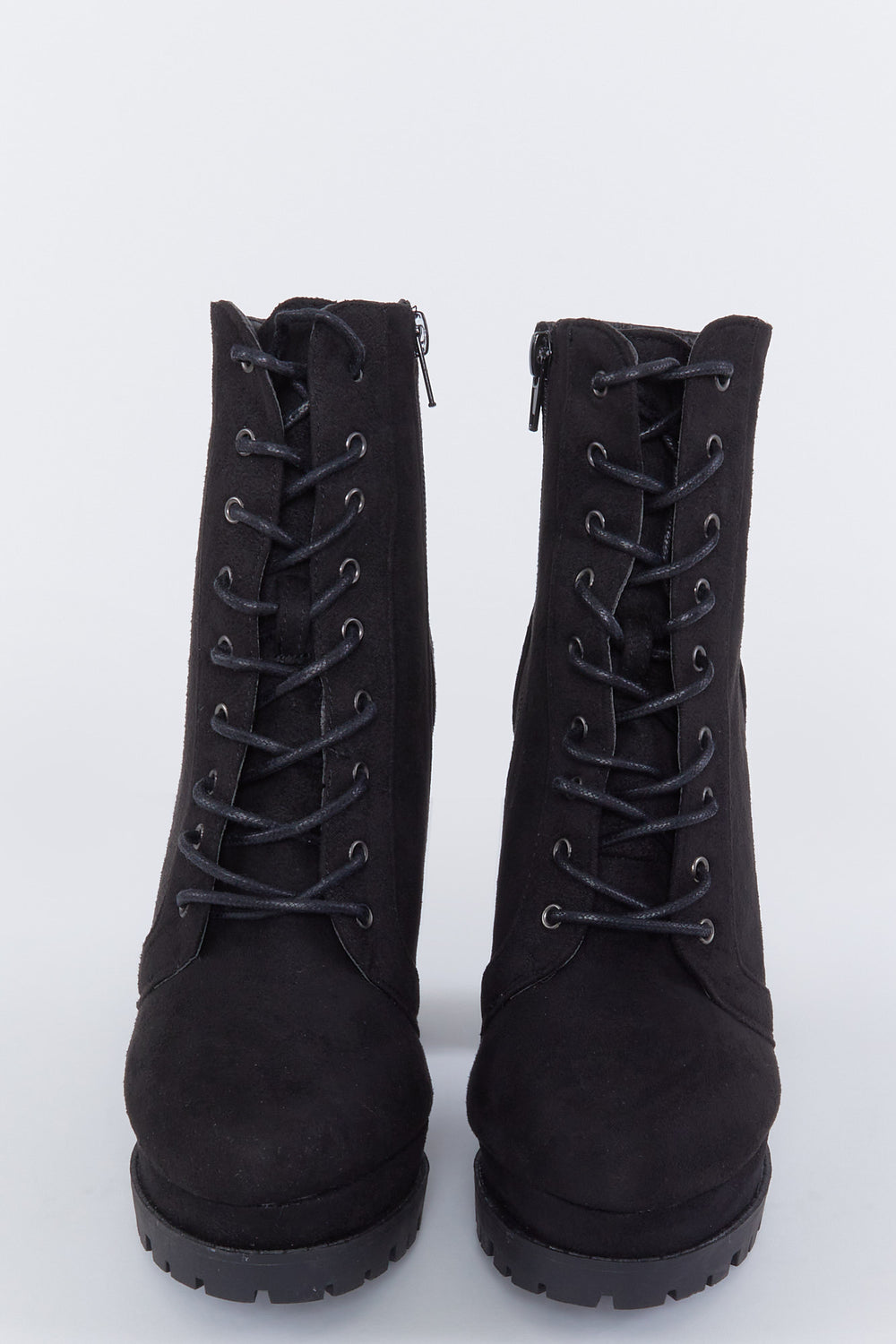 Faux-Suede Lace-Up Lug Sole Block Heel Boot Black