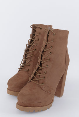 Link to Faux-Suede Lace-Up Lug Sole Block Heel Boot Brown