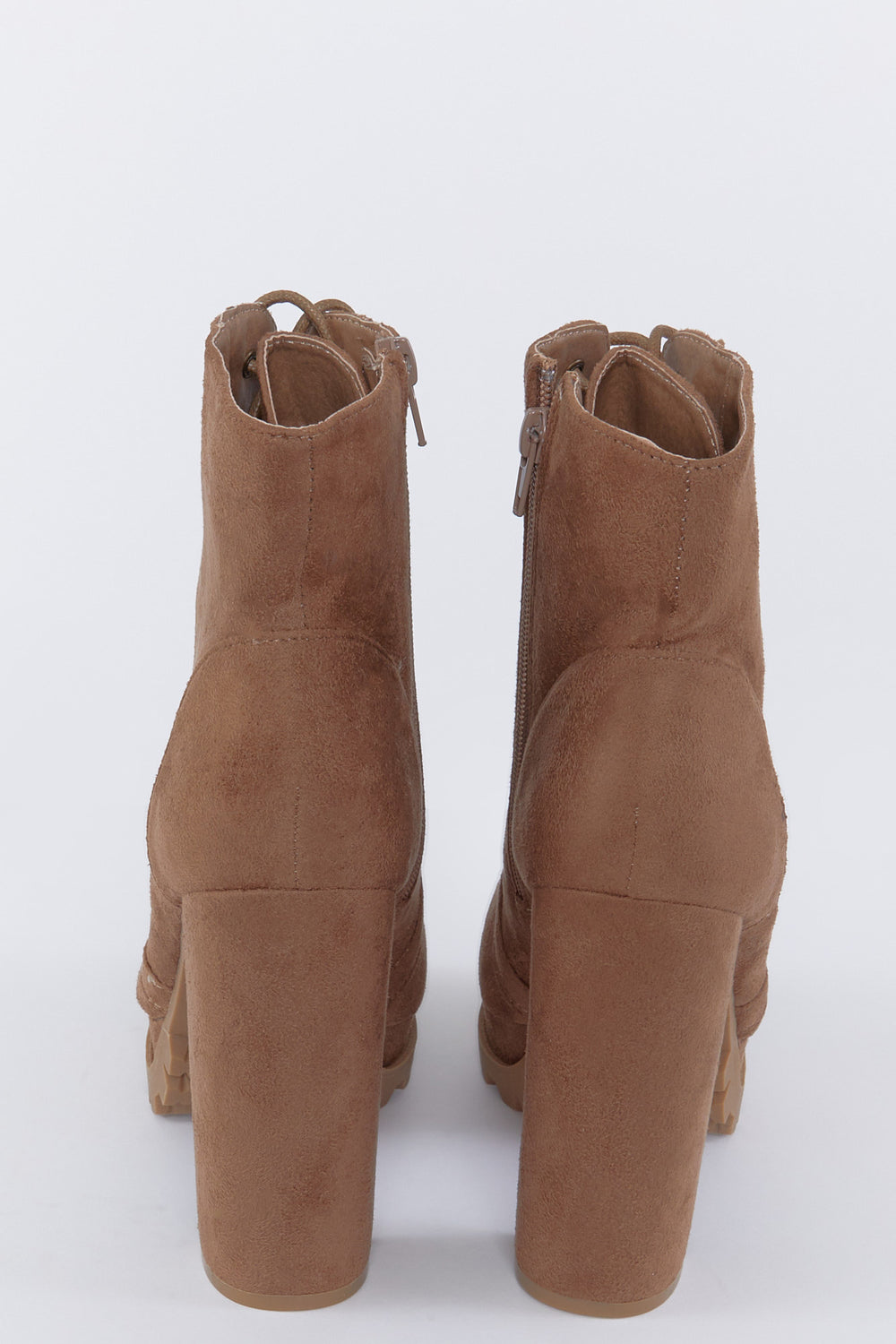 Faux-Suede Lace-Up Lug Sole Block Heel Boot Brown