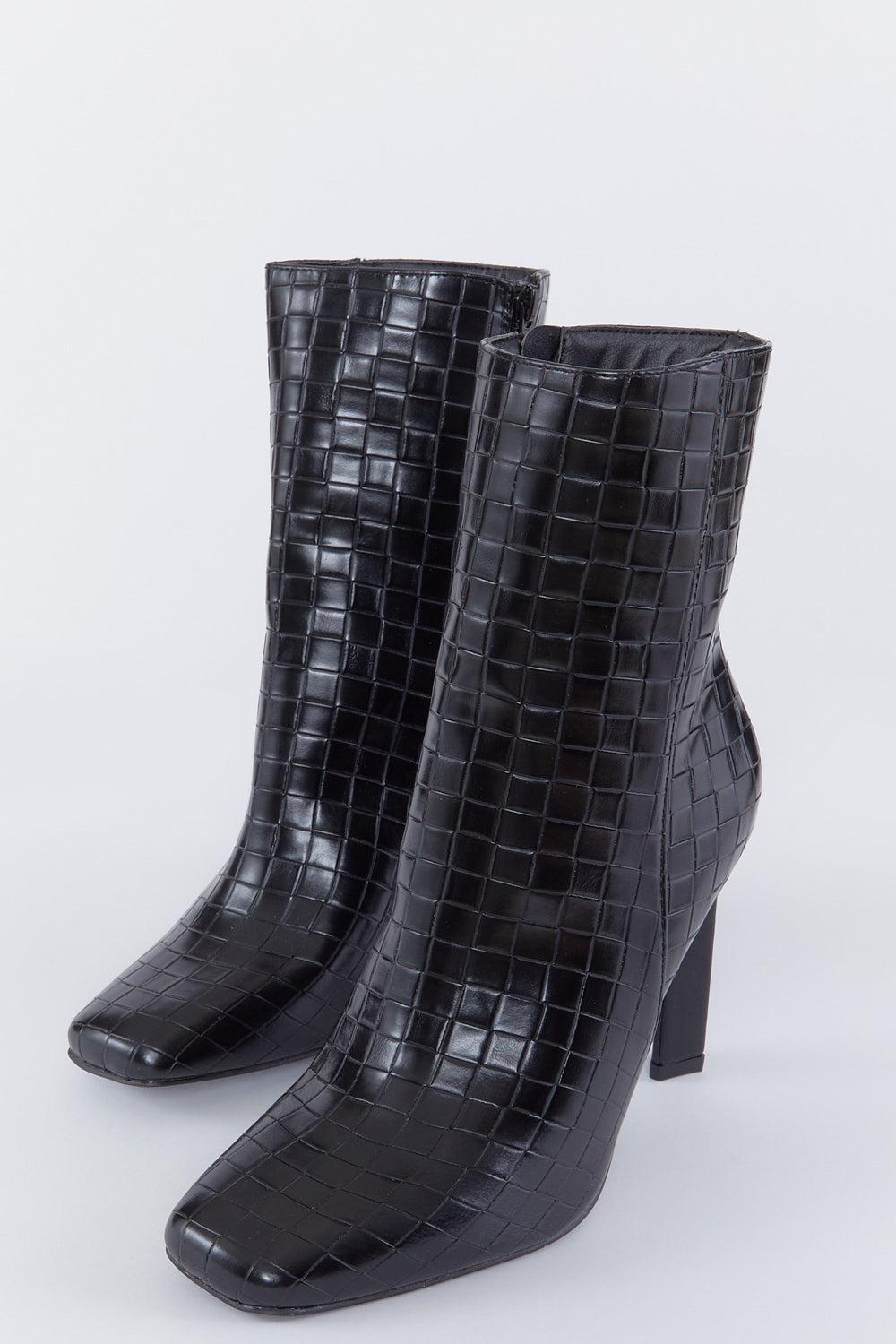 Faux-Leather Square Toe High Heel Boot Black
