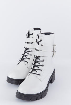 Link to Lace-Up Lug Sole Double Buckle Combat Boot White