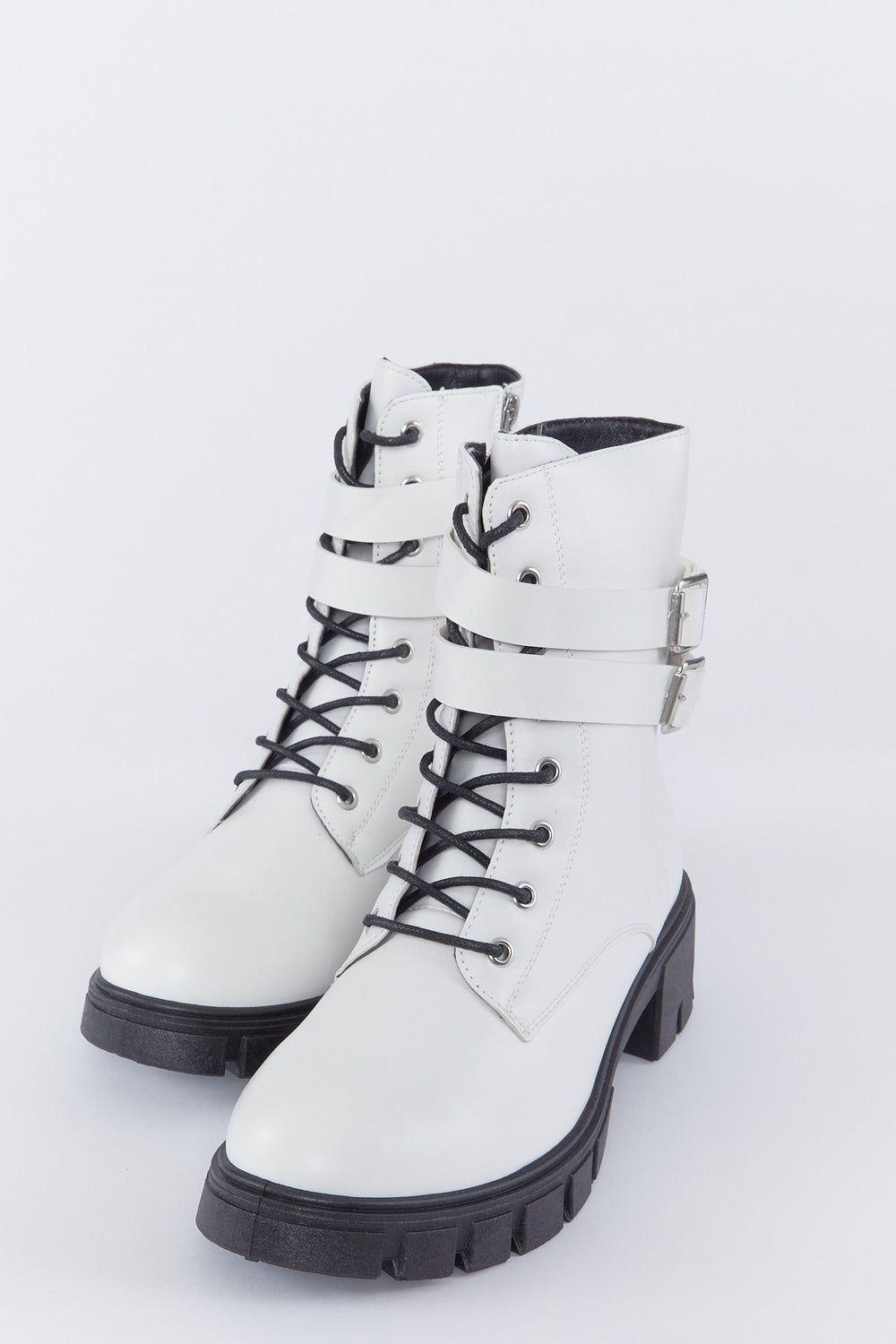 Lace-Up Lug Sole Double Buckle Combat Boot White