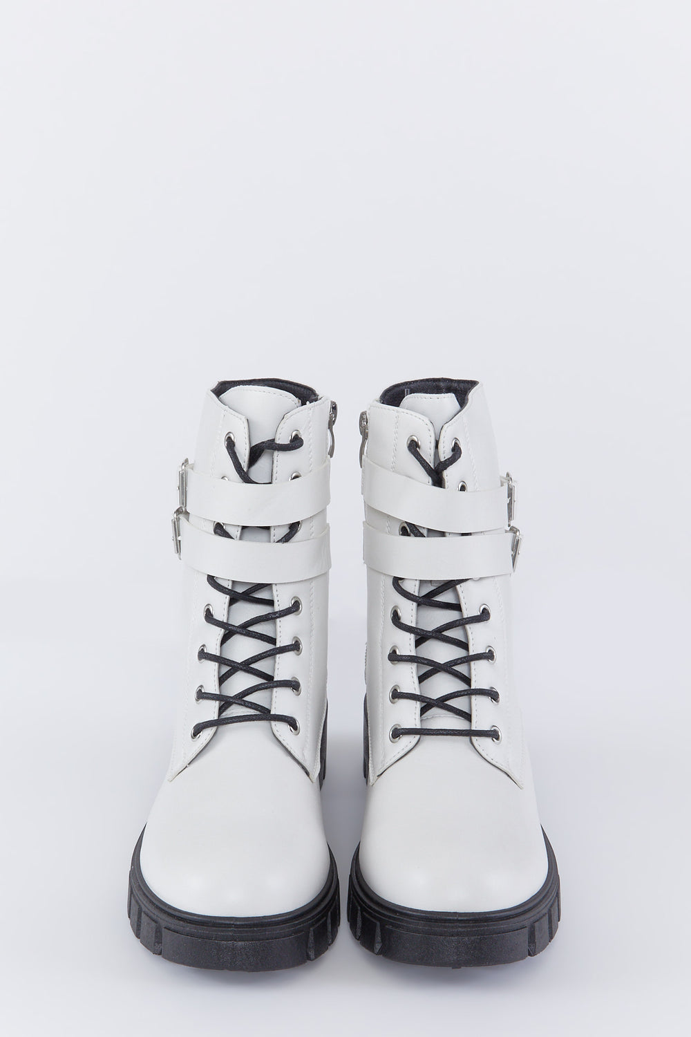 Lace-Up Lug Sole Double Buckle Combat Boot White