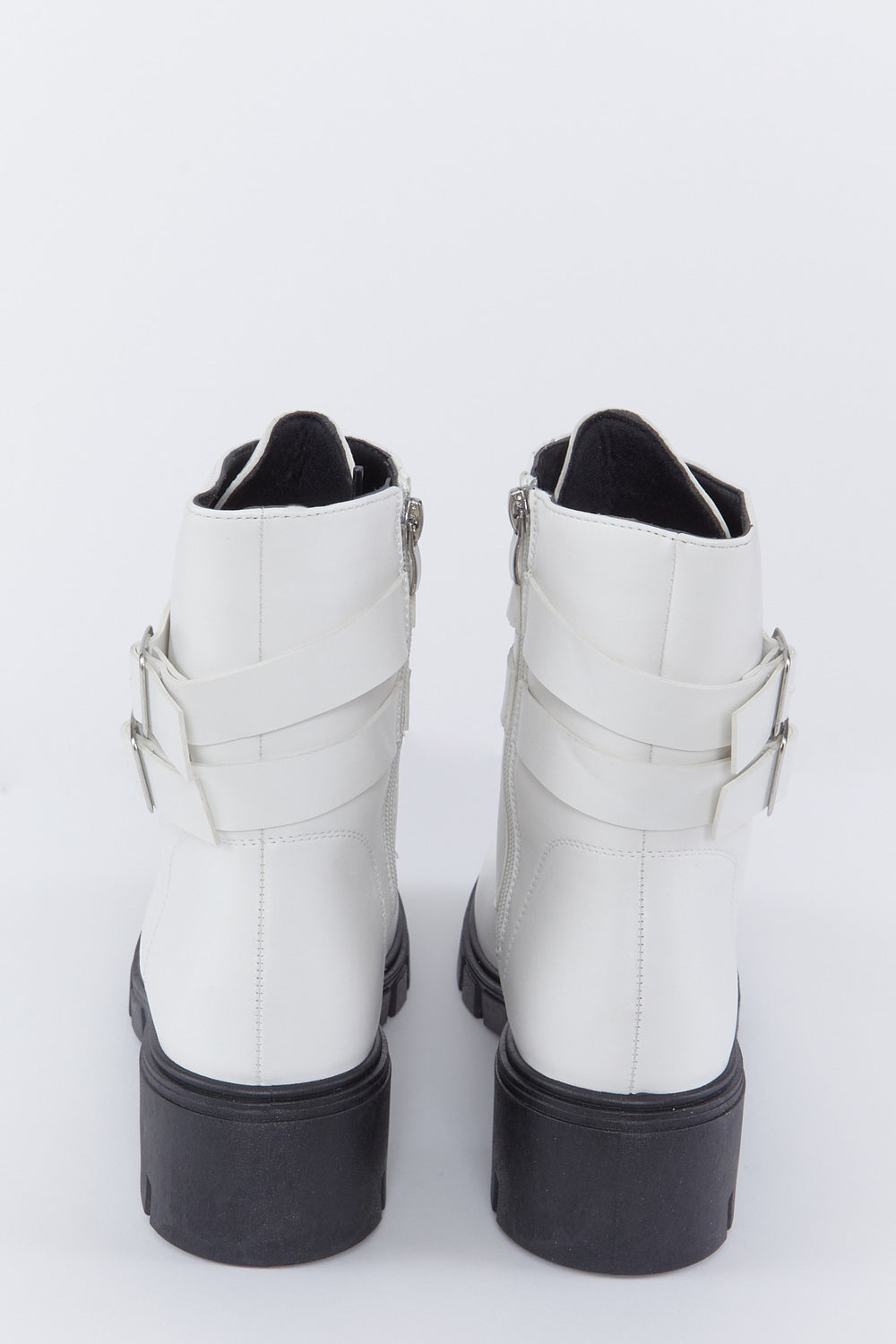 Lace-Up Lug Sole Double Buckle Combat Boot White