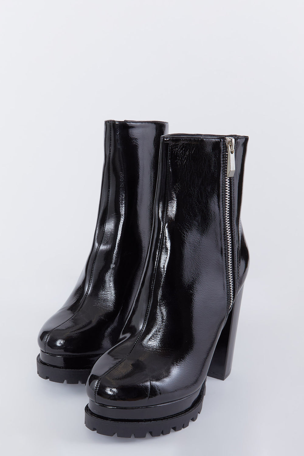 Patent Faux-Leather Zip-Up Block Heel Boot Black