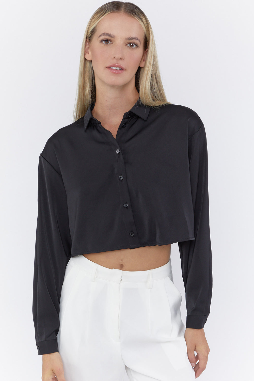 Satin Button-Front Cropped Shirt Black