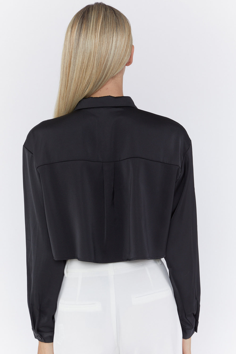 Satin Button-Front Cropped Shirt Black