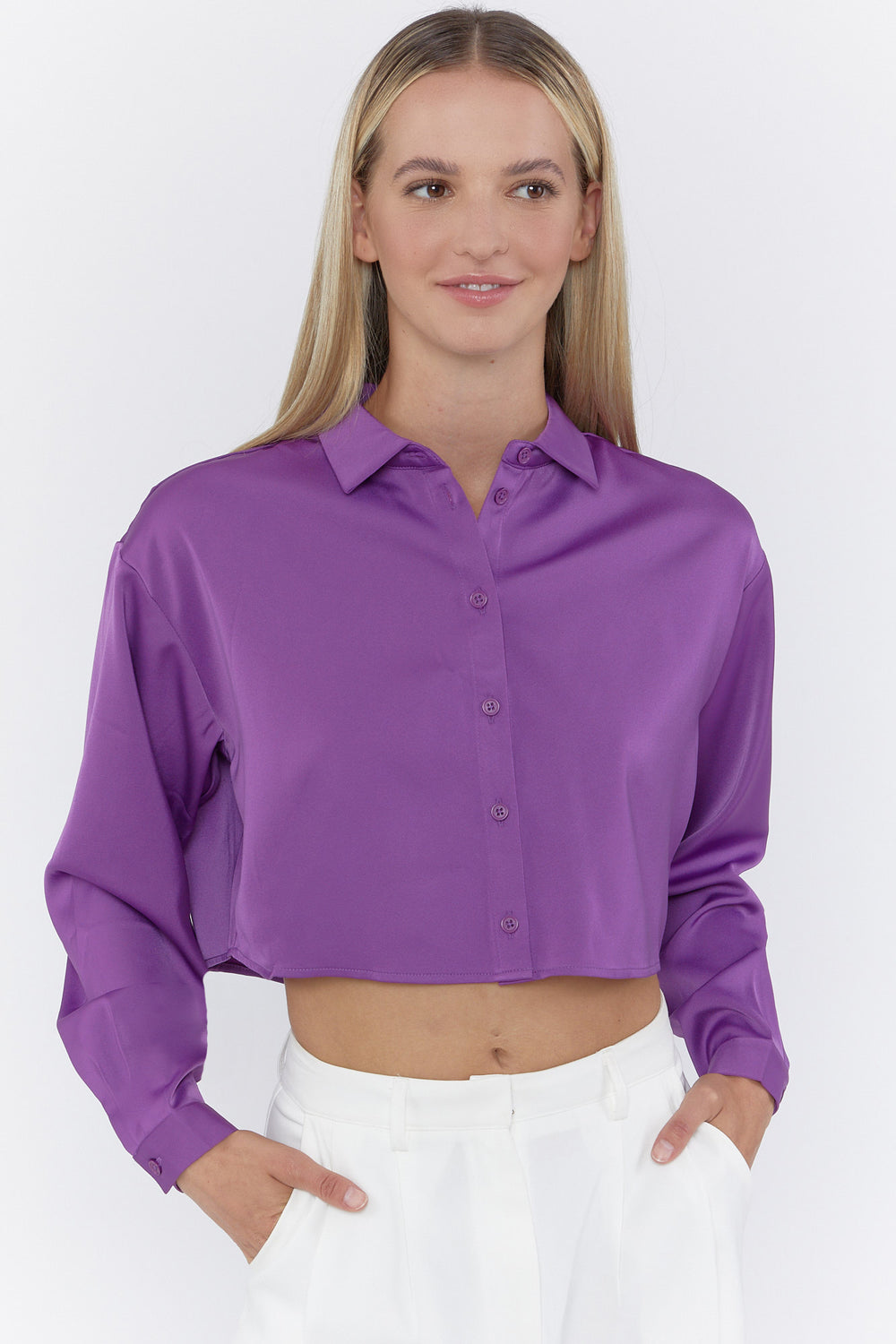 Satin Button-Front Cropped Shirt Purple