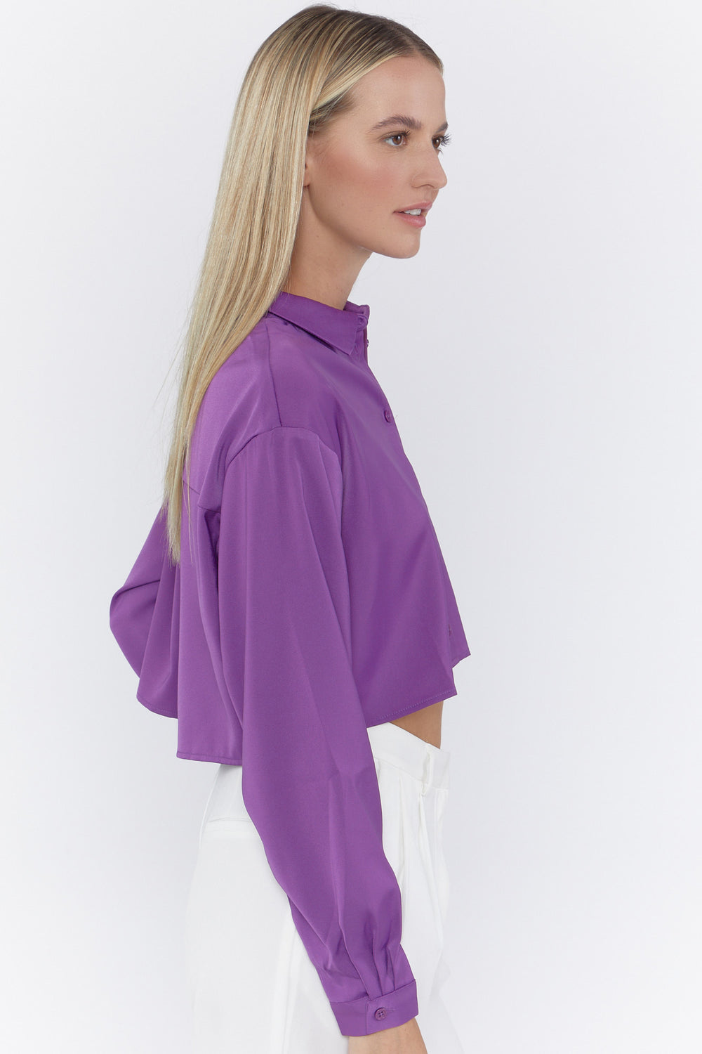 Satin Button-Front Cropped Shirt Purple