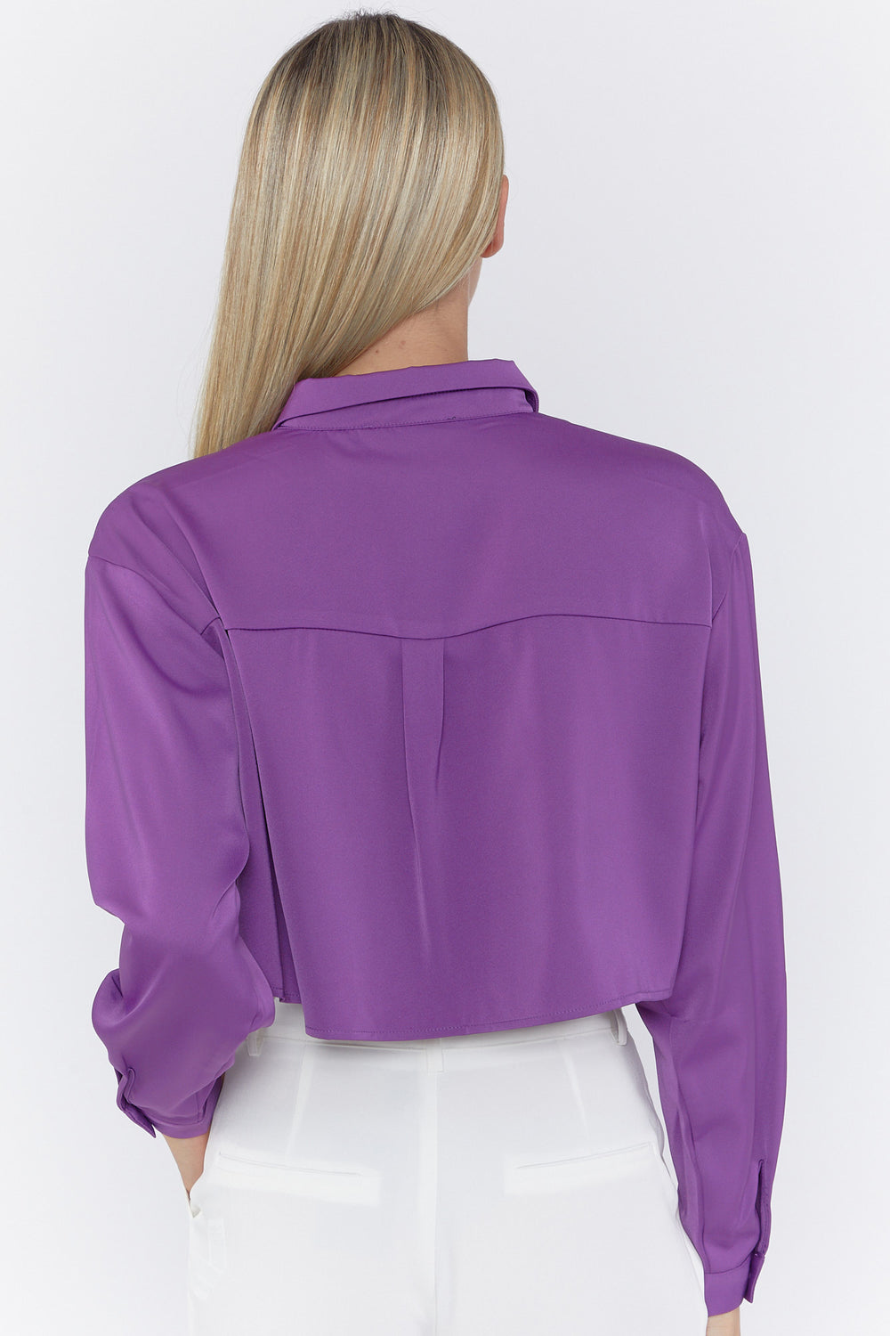 Satin Button-Front Cropped Shirt Purple