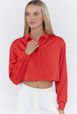 Link to Satin Button-Front Cropped Shirt Red