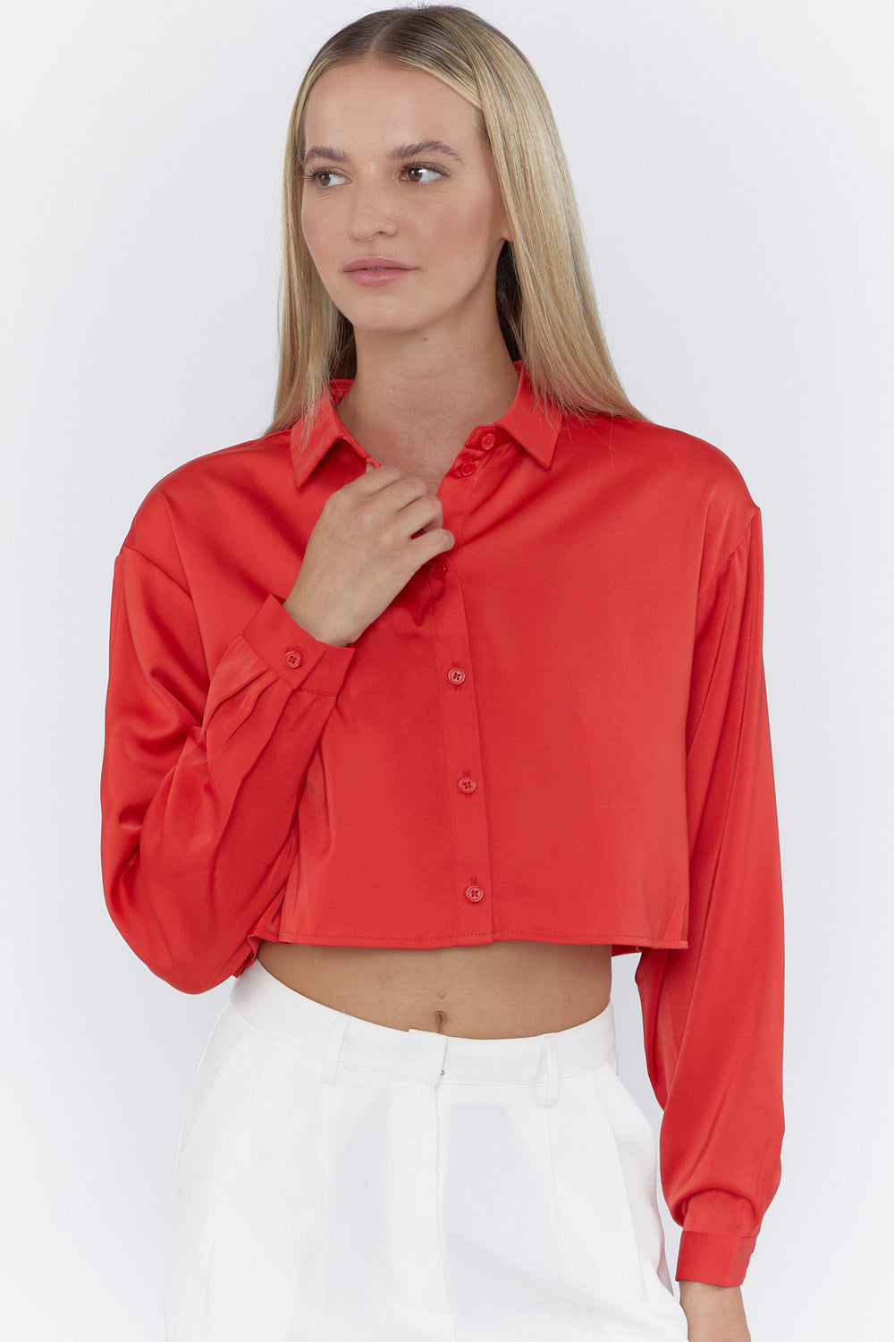 Satin Button-Front Cropped Shirt Red