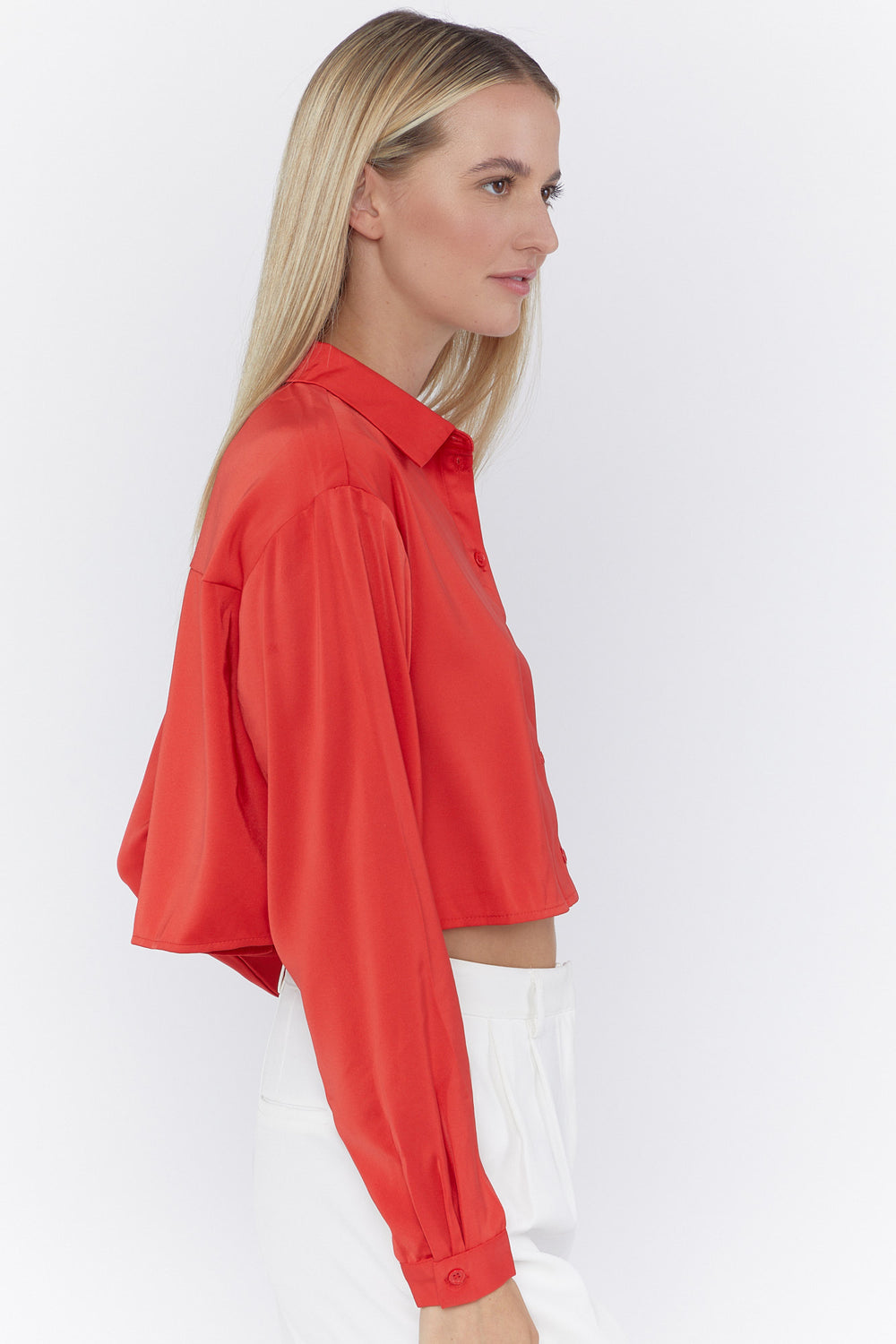 Satin Button-Front Cropped Shirt Red