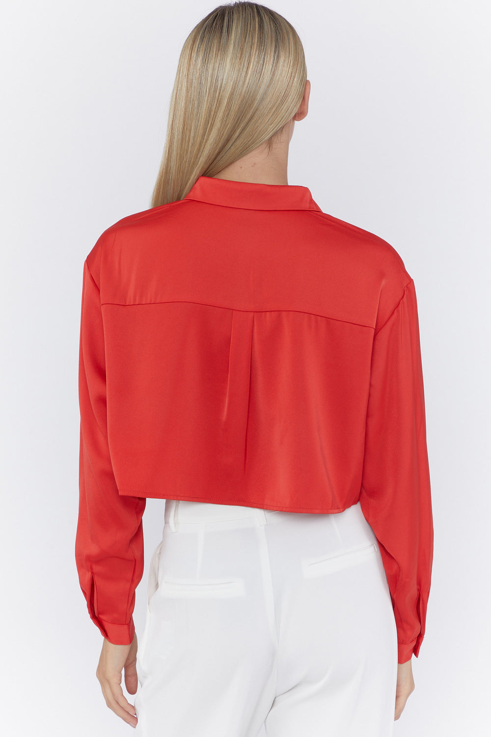 Satin Button-Front Cropped Shirt Red