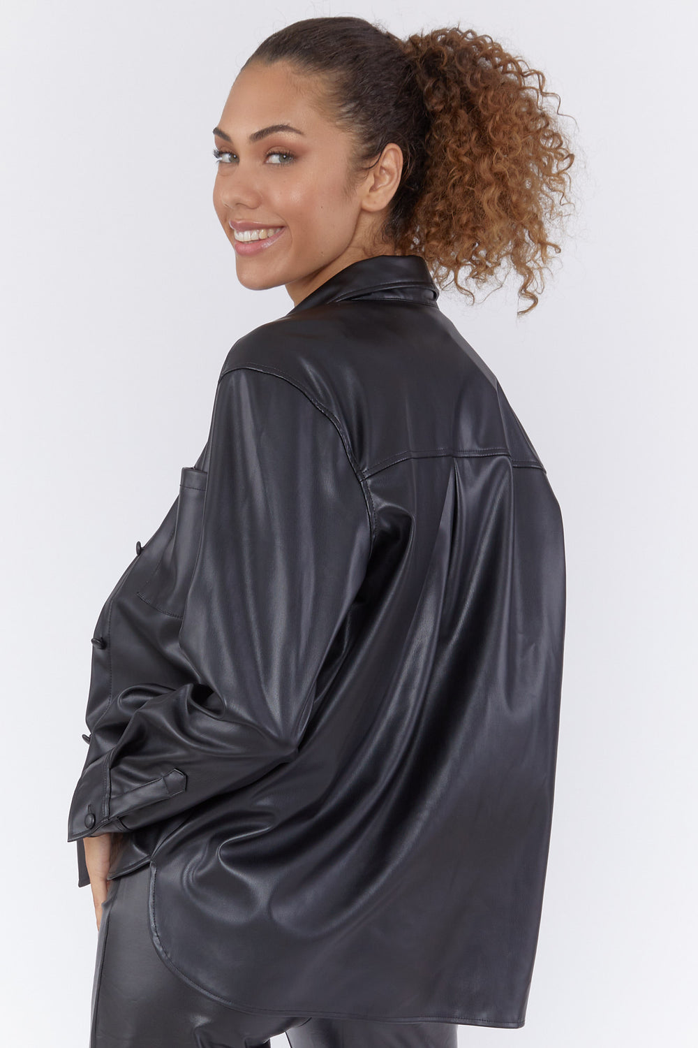 Faux Leather Button-Front Shirt Black