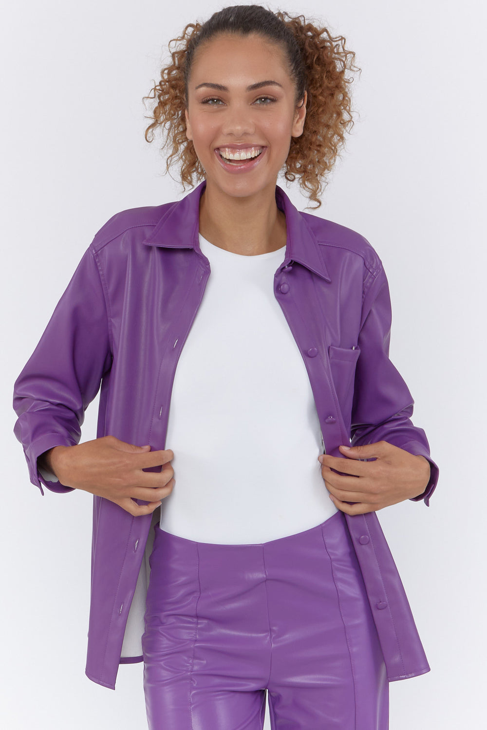 Faux Leather Button-Front Shirt Purple