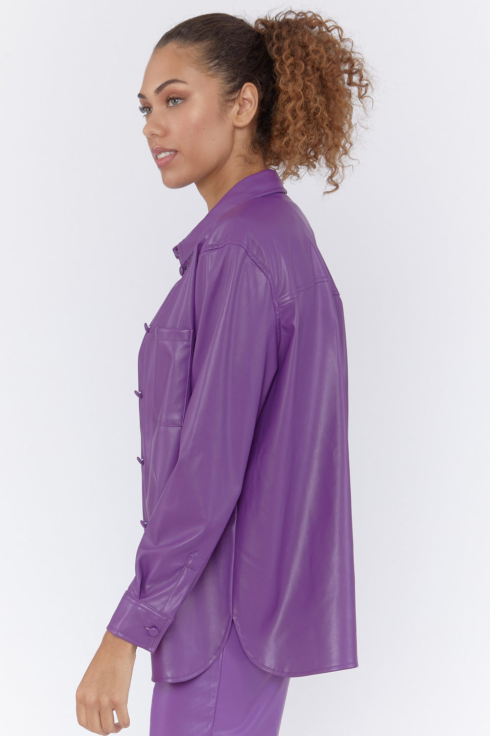 Faux Leather Button-Front Shirt Purple