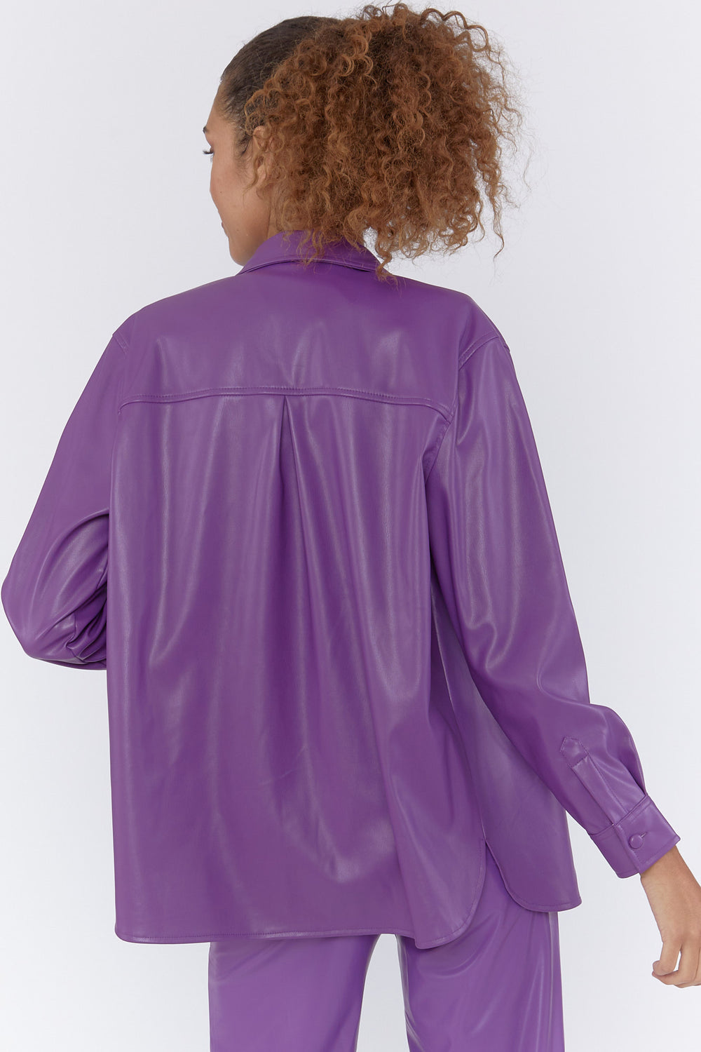 Faux Leather Button-Front Shirt Purple