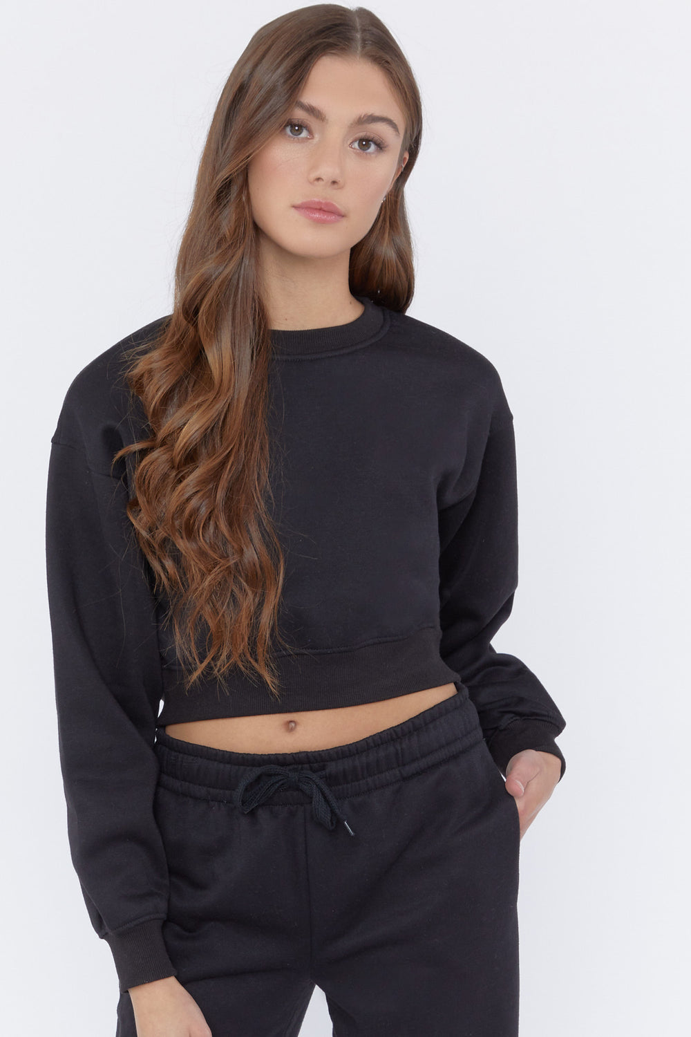 Fleece Crewneck Cropped Pullover Black