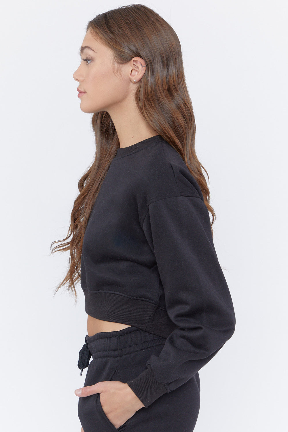 Fleece Crewneck Cropped Pullover Black